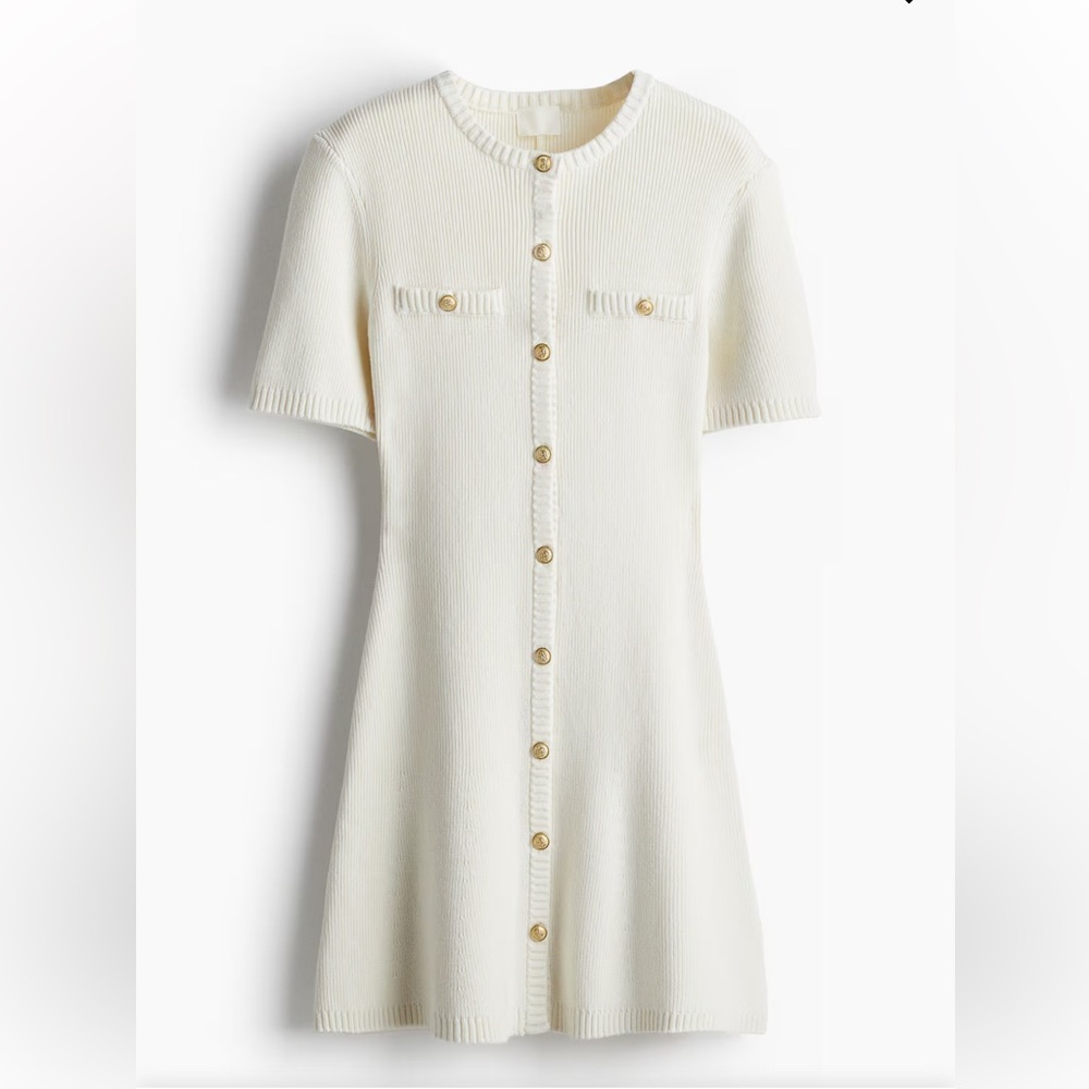 H&M Cream Short-Sleeve Button-Front Mini Dress with Gold Buttons